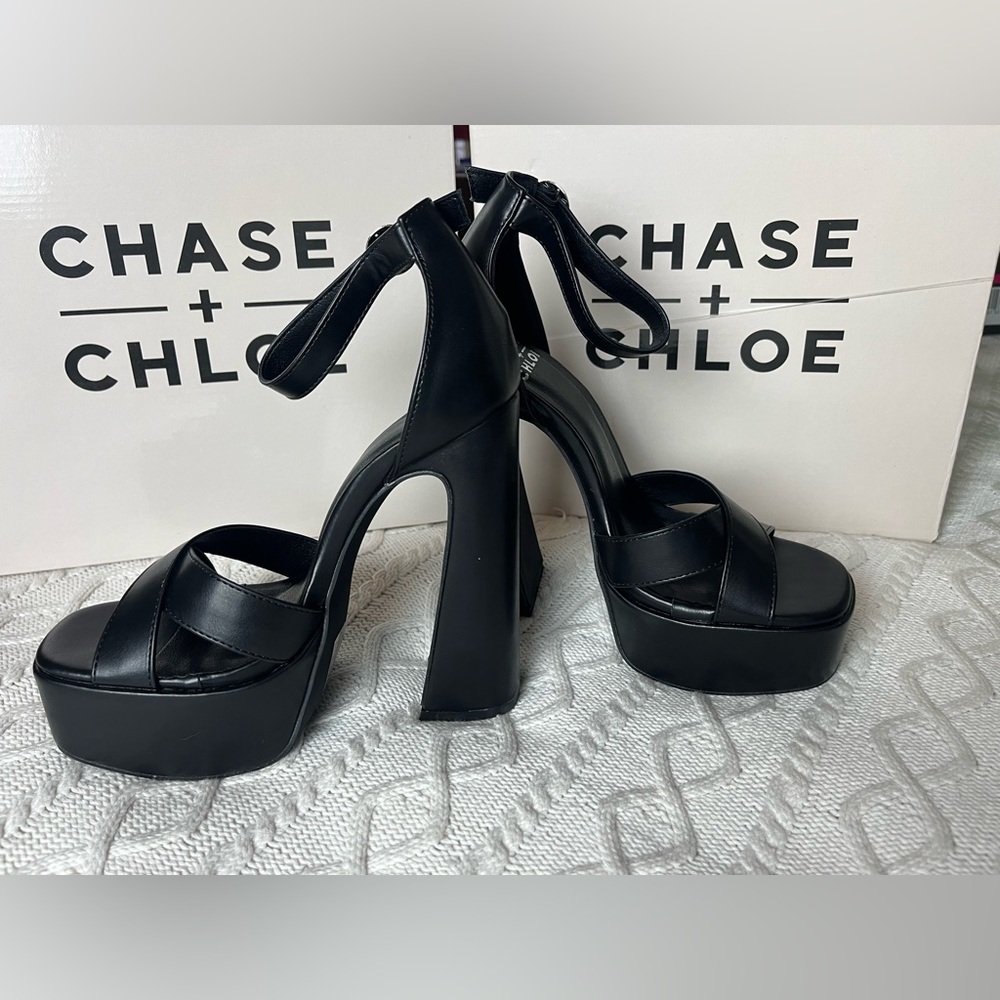 Chase + Chloe Black Strappy Adjustable Platform Heels Various Sizes - Picture 5 of 14